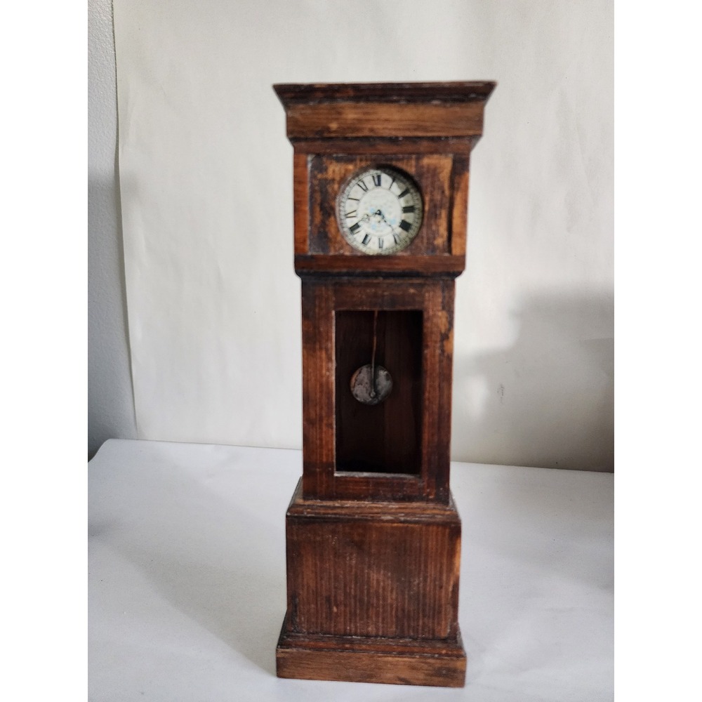 Vintage Miniature Wooden Grandfather Clock Rustic Dollhouse Decor Pendulum 10in